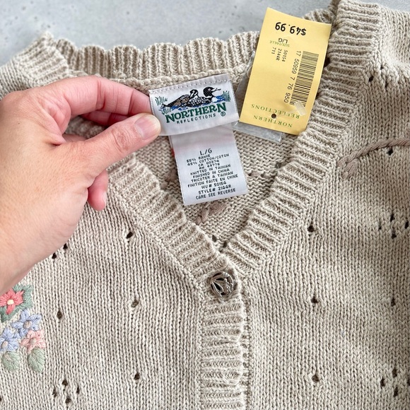 NWT Vintage Northern Reflections Tan Knit Embroidered Pastel Flowers Cardigan L - Picture 2 of 6